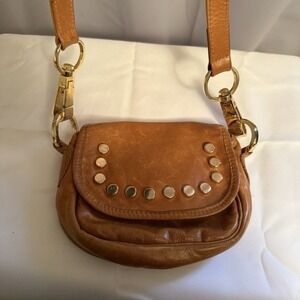 BRAVE LEATHER MADE IN CANADA BROWN LEATHER GOLD STUD CROSSBODY BAG PURSE